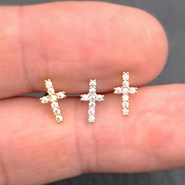 Cross 18K Gold & Silver 316L Stainless Steel 16G Earrings Screw Ball or Labret Back Helix Piercing Cartilage earring Lobe Tragus