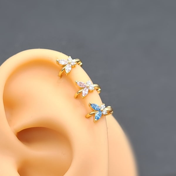 Small Butterfly Tiny Hoop Minimalist Earring 18k Gold Silver for Tragus Cartilage Helix Earring Huggie Dainty Clear Bright Cubic Zirconia