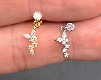 Butterfly shaped 18k Gold or Silver Barbell With Cz Surgical Steel  Helix Cartilage Earrings Minimalist Tragus Piercing