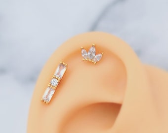 Boucles d'oreilles diamant pétales délicats or, platine, or rose 16G, acier chirurgical hypoallergénique, cartilage oreille, hélice de tour de conque de tragus