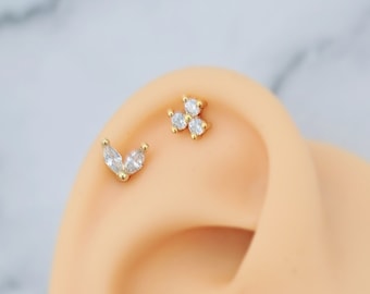 Boucles d'oreilles diamant délicat pétale lune, ailes or argent or rose 16G hypoallergénique acier chirurgical cartilage oreille tragus conque tour helix