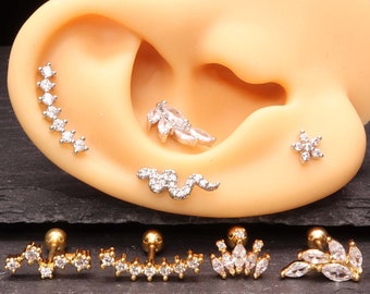 Boucles d'oreilles diamants pétales délicats en or 18 carats 16G hypoallergénique étanche Cartilage en acier chirurgical oreille tragus conque tour hélice minimaliste