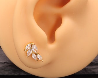 Beautiful Leaf Diamonds Lobe Cartilage Earring with shiny Cubic Zircons Stainless Steel Helix screw ball or flat labret back