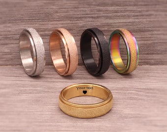 Personalised Engraved 6mm Wide Spinner Ring for Women Stress Release Rotatable Sandblasting Stainless Steel Band Gold Silver Black Rose Gold