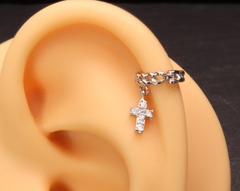Cross on Small Chain Right Ear Tiny Hoop Minimalist Earring Silver for Tragus Cartilage Helix Huggie Dainty Clear Cubic Zirconia