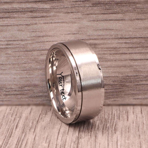 Bague de fiançailles personnalisée en argent gravé de 8 mm de large, anti-stress, anneau de mouvement en acier inoxydable, mots personnalisés, femme décontractée