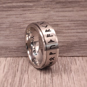 Viking Runes Personalised Engraved Silver 8mm Wide Spinner Ring Stress Release Rotatable Stainless Steel Custom Text Band