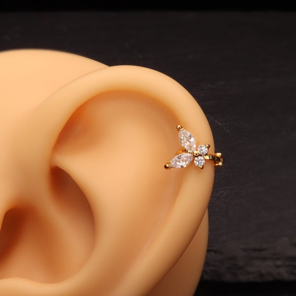 Small Butterfly Tiny Hoop Minimalist Earring 18k Gold Silver for Tragus Cartilage Helix Earring Huggie Dainty Clear Bright Cubic Zirconia