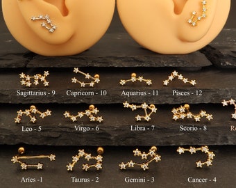 Boucles d'oreilles cartilage constellation des douze signes du zodiaque horoscope Verseau Vierge Bélier Taureau Cancer Gémeaux Lion Sagittaire or argent