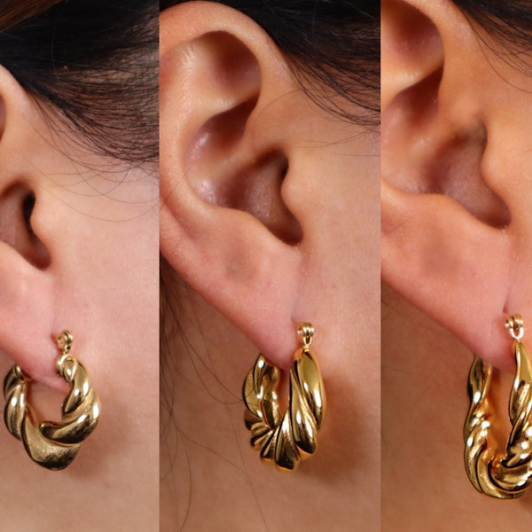 Chunky Twist Croissant Huggie Twisted Hoop Gold & Silver Earrings Stainless Steel Ear lobe Circle Geometric Minimalist Statement Gift