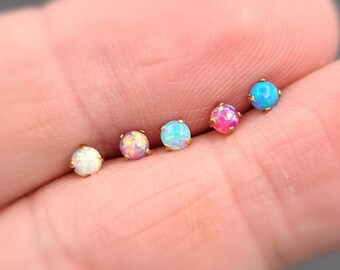 Minimalistische Opal stud Earring Eenvoudige Ronde Gesimuleerde Wit Blauw of Roze Opaal 2mm 3mm 4mm Oorbellen 18k Goud Zilver Helix Kraakbeen Cadeau 1pc