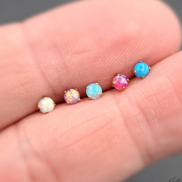 Minimalist Opal stud Earring Simple Round Simulated White Blue or Pink Opal 2mm 3mm 4mm Earrings 18k Gold Silver Helix Cartilage Gift 1pc