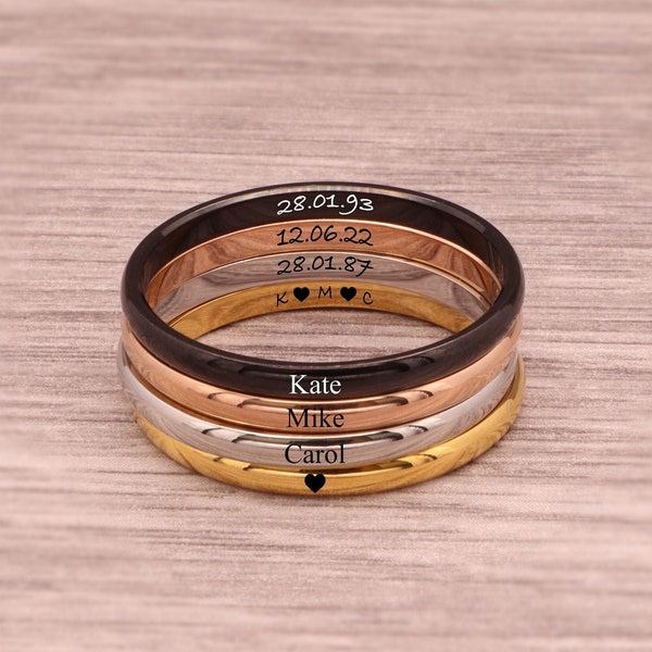 2mm Stacking Personalised Engraved Thin Minimalist Ring Rose Gold Black Stainless Steel For Women Men Simple Fashion Gift
