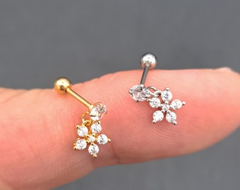 Boucle d'oreille de cartilage en hélice avec lobes, diamants et petites fleurs, acier inoxydable, or 18 carats, platine