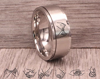 Pinky Promise paar handen beste vrienden liefde hand bij elkaar houden gepersonaliseerde gegraveerde zilveren spinner ring stress verlichten trouwring