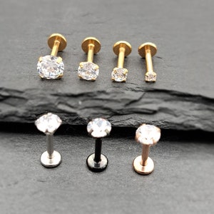 Simple Round Diamond Internally Threaded Labret Cz Minimalist Solitaire Stud 16G Earring Cubic Zirconia 18k Gold Silver Rose Black Barbell zdjęcie 1