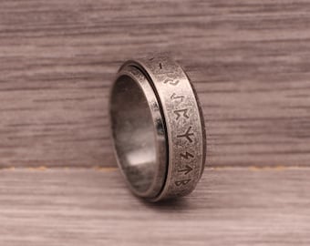 Antique Silver Viking Runes Personalised Engraved 8mm Wide Spinner Ring Stress Release Rotatable Stainless Steel Custom Men Text Band