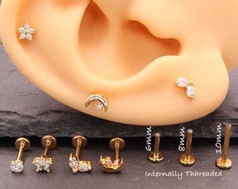 Beautiful Internally threaded Flat back Stainless steel Gold Cubic Zircons barbell lip ear helix lobe daith piercing <ea31>