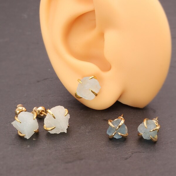 Aquamarine March Birthstone Raw Stone Gold & Silver Plated Crystal Stud Earrings Good Energy