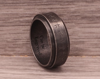 Spinner Ring Antique Black Viking Runes Personalised Engraved 8mm Wide Stress Release Rotatable Stainless Steel Custom Men Text Band