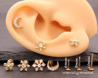 Beautiful Internally threaded Flat back Stainless steel Gold Cubic Zircons barbell lip ear helix lobe daith piercing