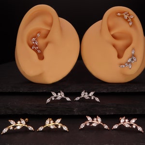 Beautiful long Leaf with shiny cubic zirconias Stainless Steel Barbell Left Right Sides Flower Ear Piercing Tragus Helix Orbital Cartilage