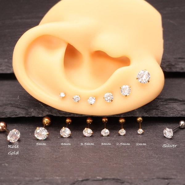 Boucle d'oreille solitaire minimaliste Cz ronde simple 2-5 mm Zirconium or 18 carats argent or rose Cartilage d'haltères cadeau pour elle