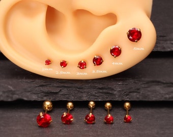 Cz rond rouge minimaliste minimaliste 2-5 mm zircone cubique or 18 carats argent or rose clou d'oreille minimaliste pour cartilage avec barre 20 g