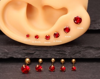 Semplice Rosso Rotondo Cz Minimalista 2-5mm Cubic Zirconia 18k Oro Argento Oro rosa Minimalista StudBarbell Cartilagine Orecchino a bottone 20g