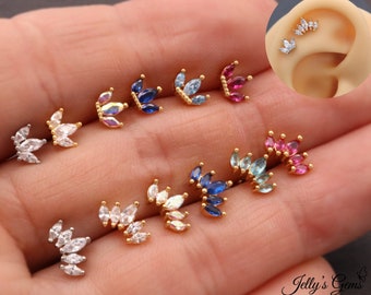 Boucle d'oreille lobe cartilage en forme de couronne en or 18 carats Piercing en acier inoxydable Différentes couleurs de zircone cubique Blanc Bleu ciel Rose