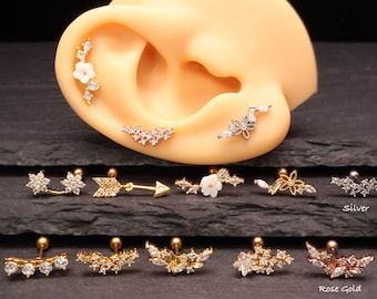 Boucles d'oreilles en or 18 carats, argent, or rose, minimaliste en acier chirurgical, hélice de tragus, lobe du cartilage, pierres de zircone cubiques