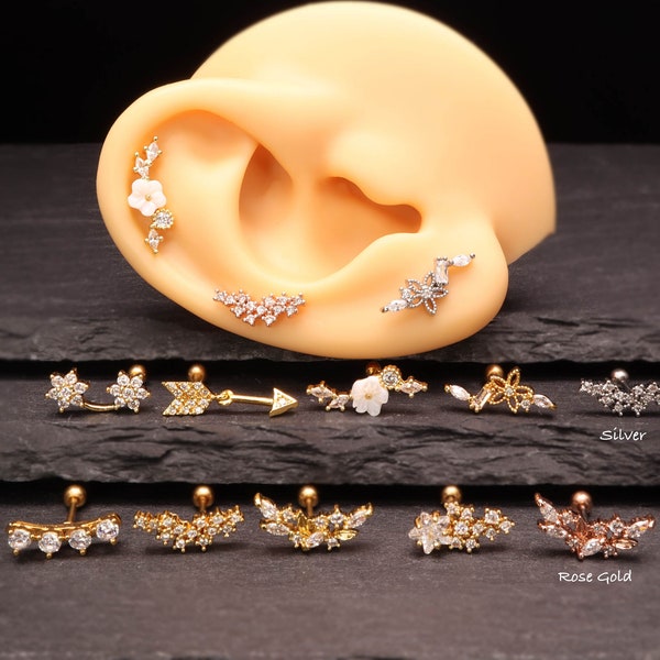 18K Gold Silver Rose Gold Earrings Minimalist Surgical Steel ear tragus helix Cartilage Lobe Cubic Zirconia stones