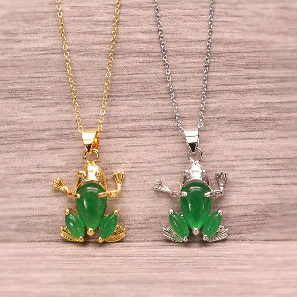 Lucky Frog Beautiful 24K Gold Pendant Necklace Stainless Steel Amulet Gift carved jade Woman necklace