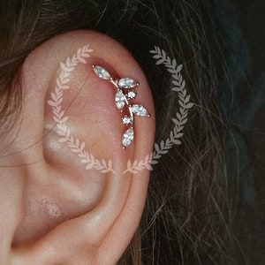 Beautiful long Leaf with shiny cubic zirconias Stainless Steel Barbell Left Right Sides Flower Ear Piercing Tragus Helix Orbital Conch