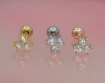 Orecchini con triplo diamante in oro 18 carati e argento in acciaio inossidabile 316L 16G, fondo a vite con labret a sfera