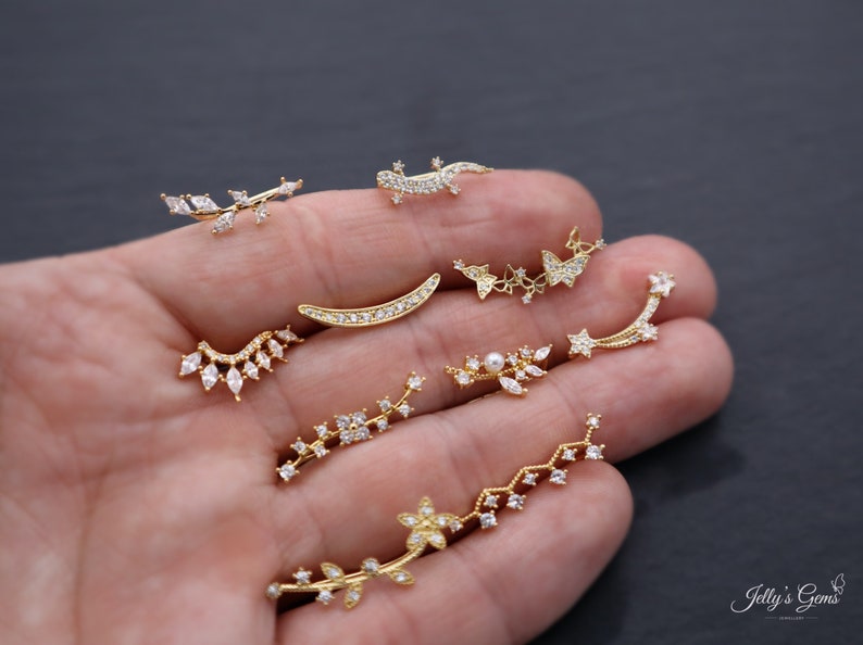 Mismatched Cartilage Earring Helix Piercing Jewelry Plant Ear Crawlers Flower Leaf Gecko Ear Climbers Crawler Earring zdjęcie 1