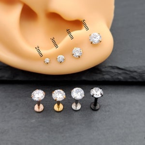 Boucles d'oreilles diamant rond simple labret Cz solitaire minimaliste 16G zircone cubique or 18 carats argent rose noir haltères image 3
