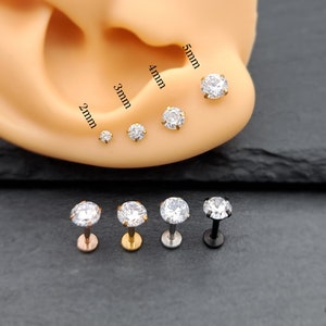 Semplice diamante rotondo filettato internamente Labret Cz Minimalista Solitario Stud 16G Orecchino Cubic Zirconia 18k Oro Argento Rosa Nero Barbell immagine 3