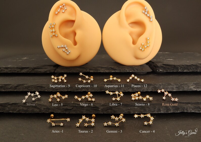 Zodiac Signs Twelve Star Constellation Horoscope Cartilage Earring Aquarius Virgo Aries Taurus Cancer Gemini Leo Sagittarius Gold Silver 