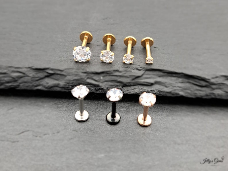 Boucles d'oreilles diamant rond simple labret Cz solitaire minimaliste 16G zircone cubique or 18 carats argent rose noir haltères image 1