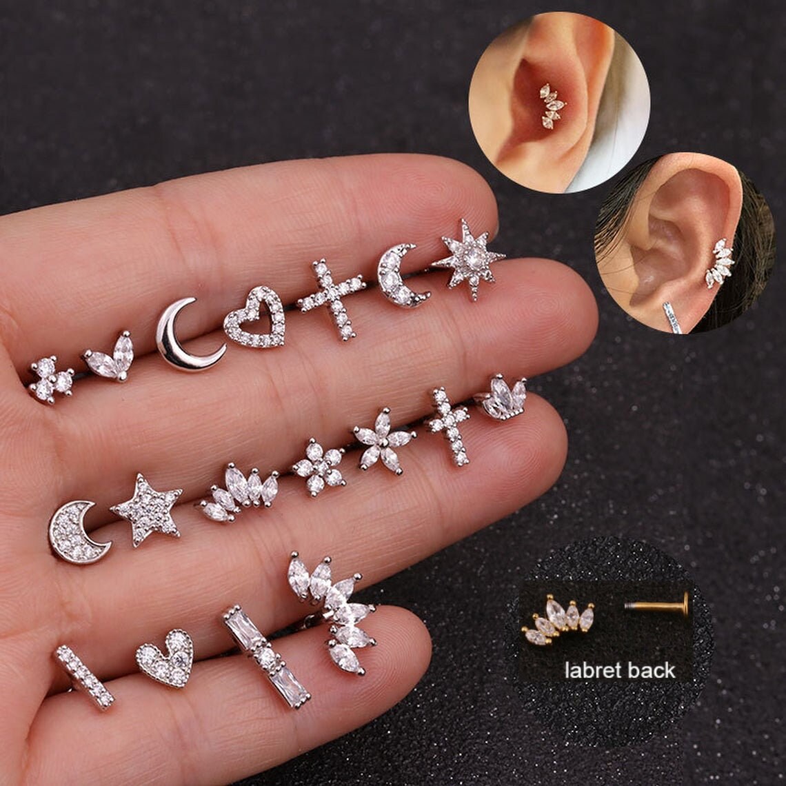 Labret Backs Gold & Platinum 16G Stainless Steel Earrings <A>