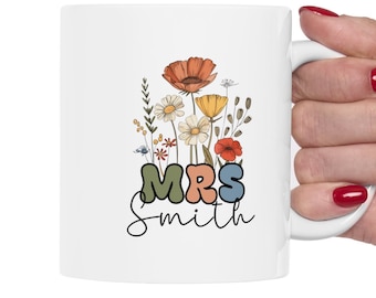 Personalized Mrs. Mug, Wildflowers Mrs Mug, Personalized Mrs Gift, Wedding Shower Gift Mug, Personalized Teacher Mug, Wedding Gift