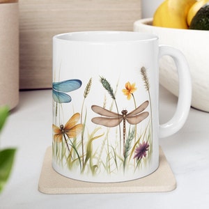 Dragonfly Mug, Vintage Dragonfly Mug, Insect Lover Mug, Nature Lover Tea Cup, Dragonfly Ceramic Mug, Gift for Her, Gift for Mom, Boho Mug