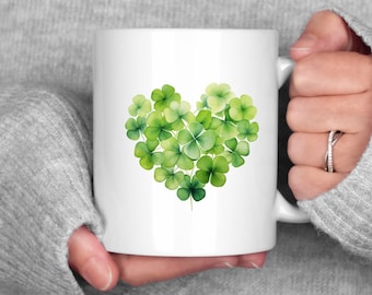 Clover Heart Mug, Shamrock Mug, Shamrock Gifts, Four Leaf Clover, St. Patrick's Day Mug, Irish Mug, Four Leaf Clover Mug, Lucky Mug