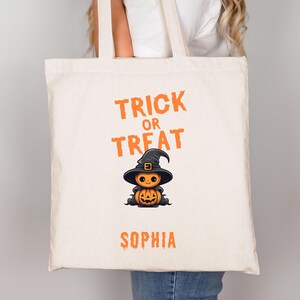 Trick or Treat Canvas Totebag Halloween Personalized Name Tote Girls Candy Bag Trick-or-Treat Witch Bookbag Daughter Halloween Lovers Gift