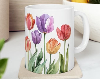 Flower Coffee Mug, Tulips Mug, Gift for her, Coffee Lover Gift, Garden Lover Gift, Nature Lover Mug