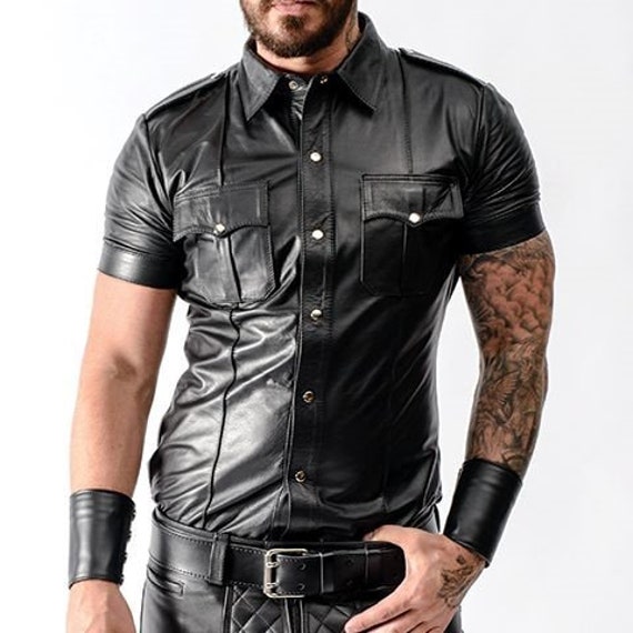 Men's Real Leather Police Uniform Shirt Sexy Short Sleeves | Etsy
