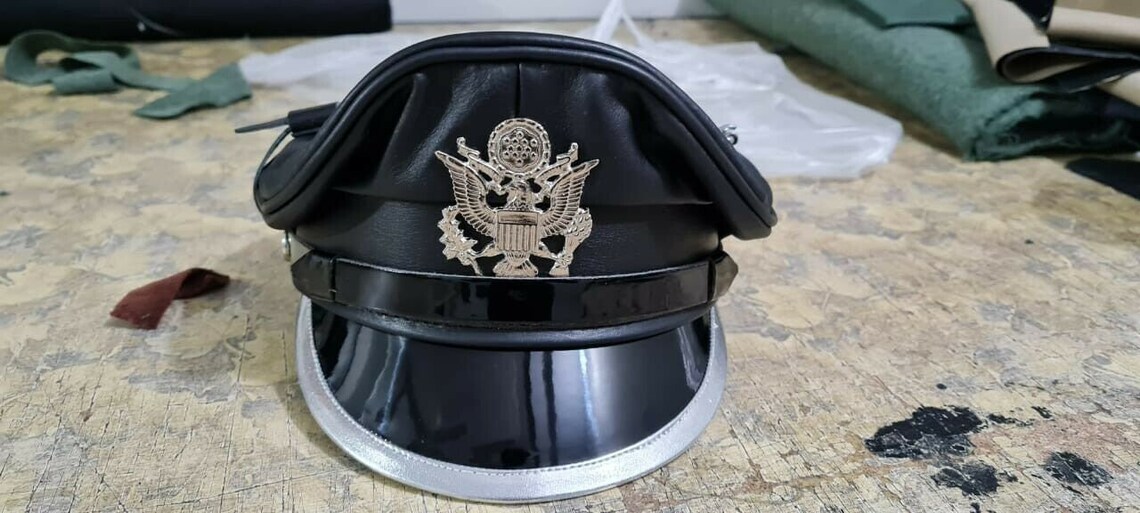 Men's Italian Leather Black Army Muir Cap Biker Peaked Etsy