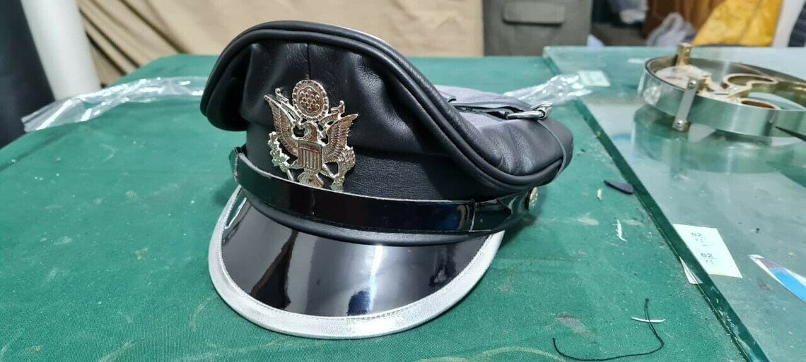 Men's Italian Leather Black Army Muir Cap Biker Peaked Etsy