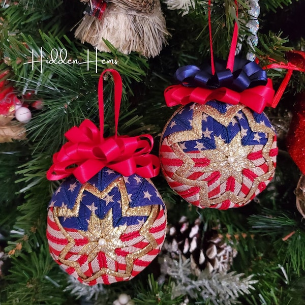 Quilted Ornaments Balls /  Quilt Ornament/  Handmade Ornament Ball/  Patriotic / Flag / American / Heirloom / No Sew / Fabric Ornament / USA